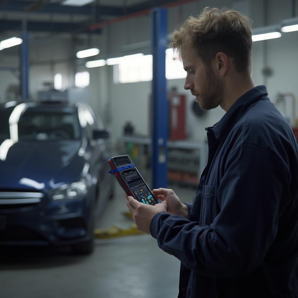 Mechanic Using Vgate iCar 3 in Workshop