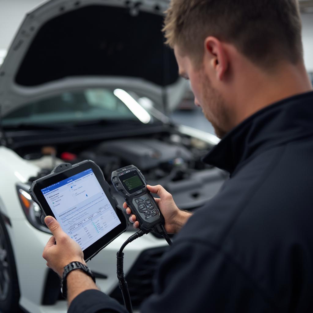 Mechanic Using VGate OBD2 Scanner to Diagnose Car Problem