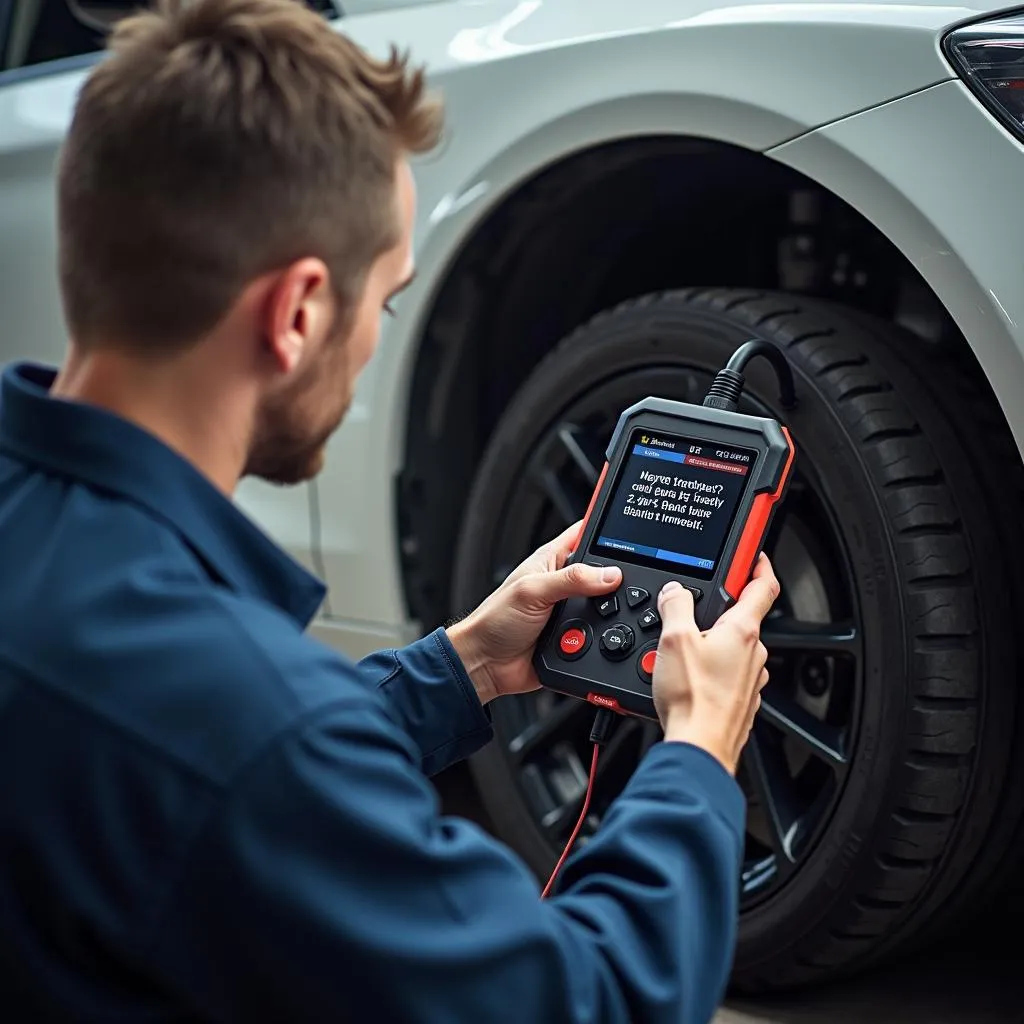 Mechanic using a Viecar OBD2 scanner to diagnose a car problem