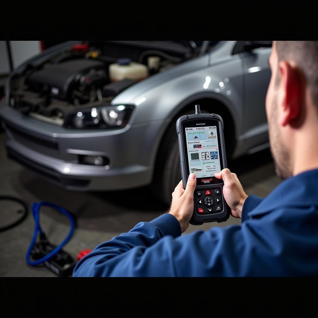 Mechanic using the VS890 OBD2 EOBD scanner to diagnose a car problem