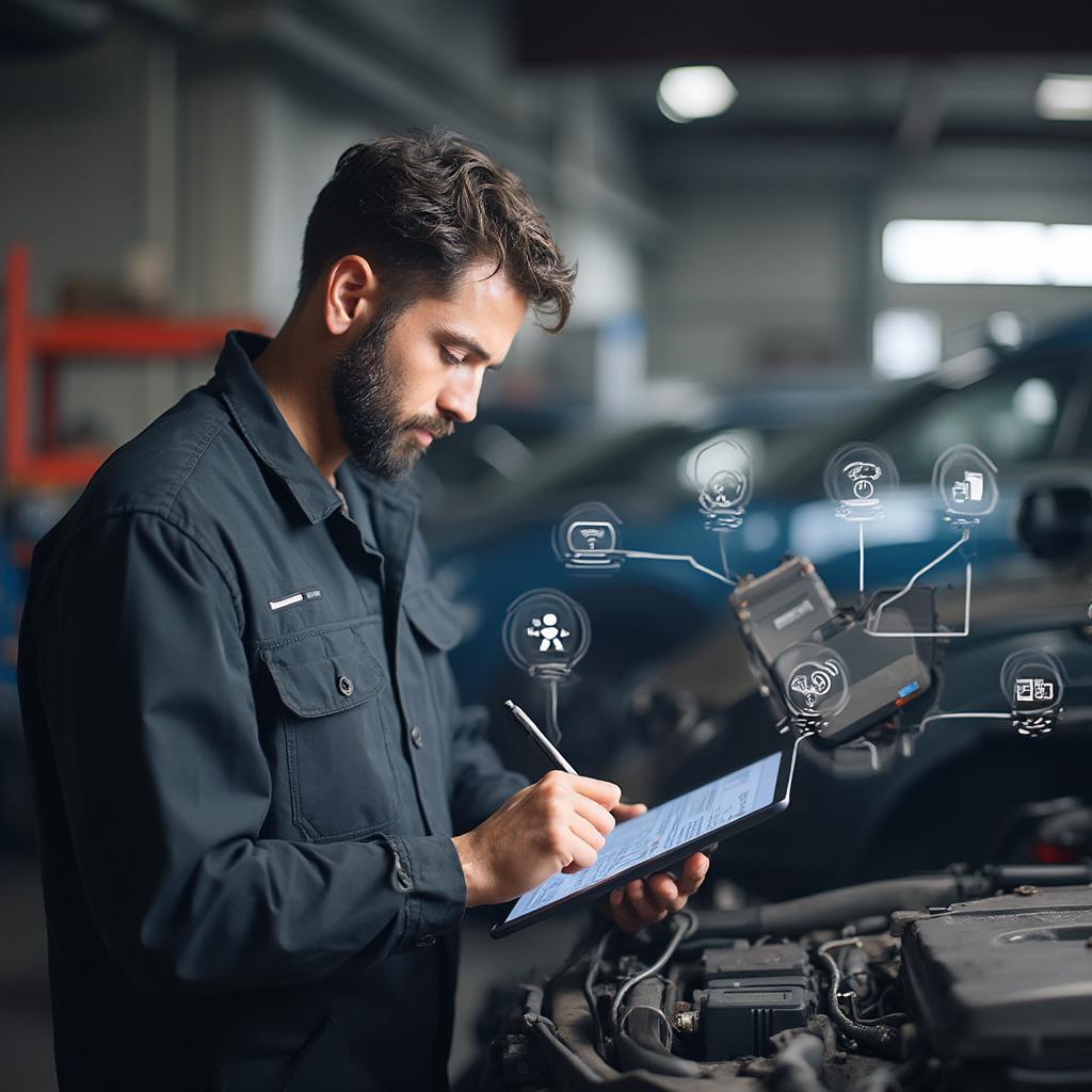 Mechanic Using WiFi OBD2 Scanner in Workshop