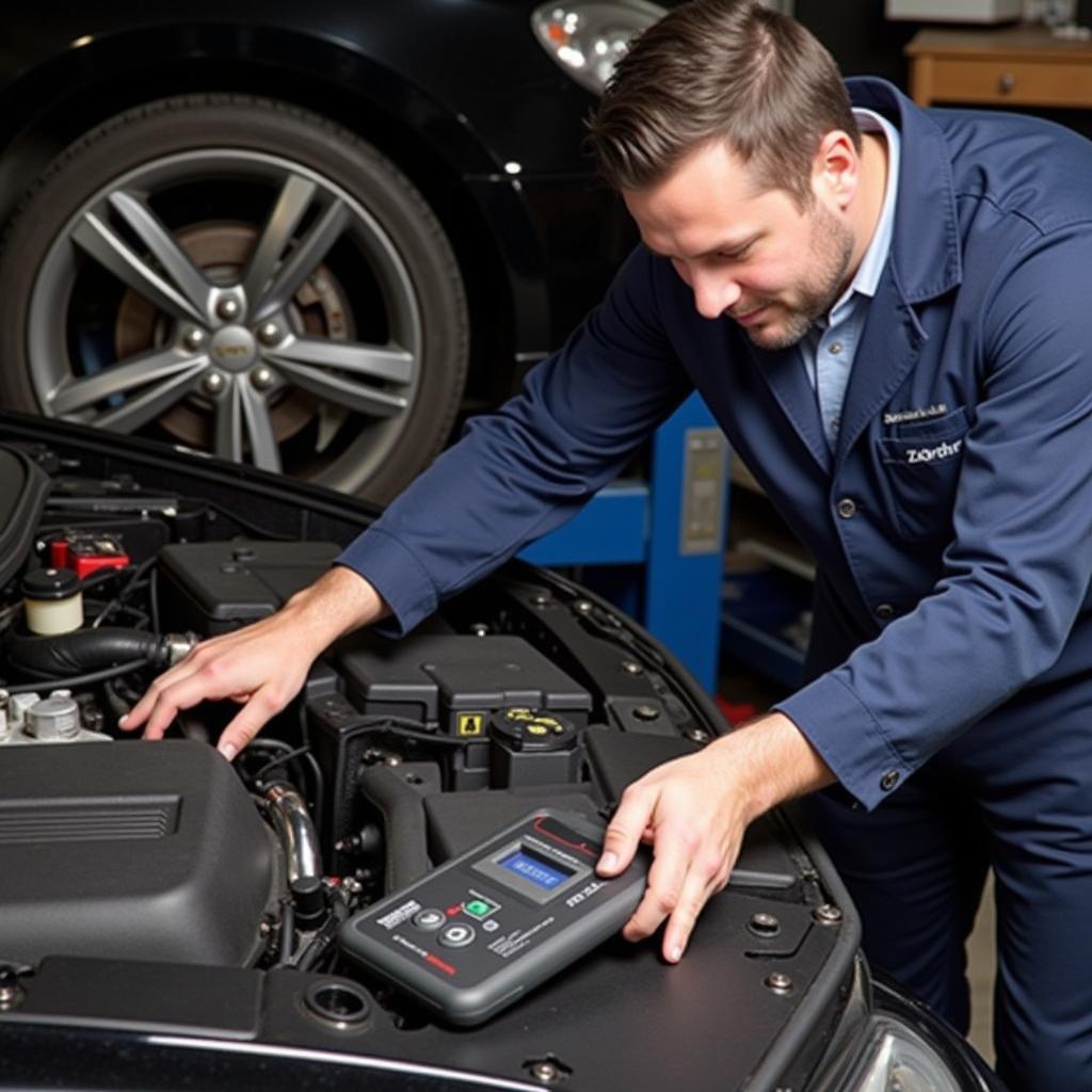 Mechanic Using Zurich ZR11 for Car Diagnosis