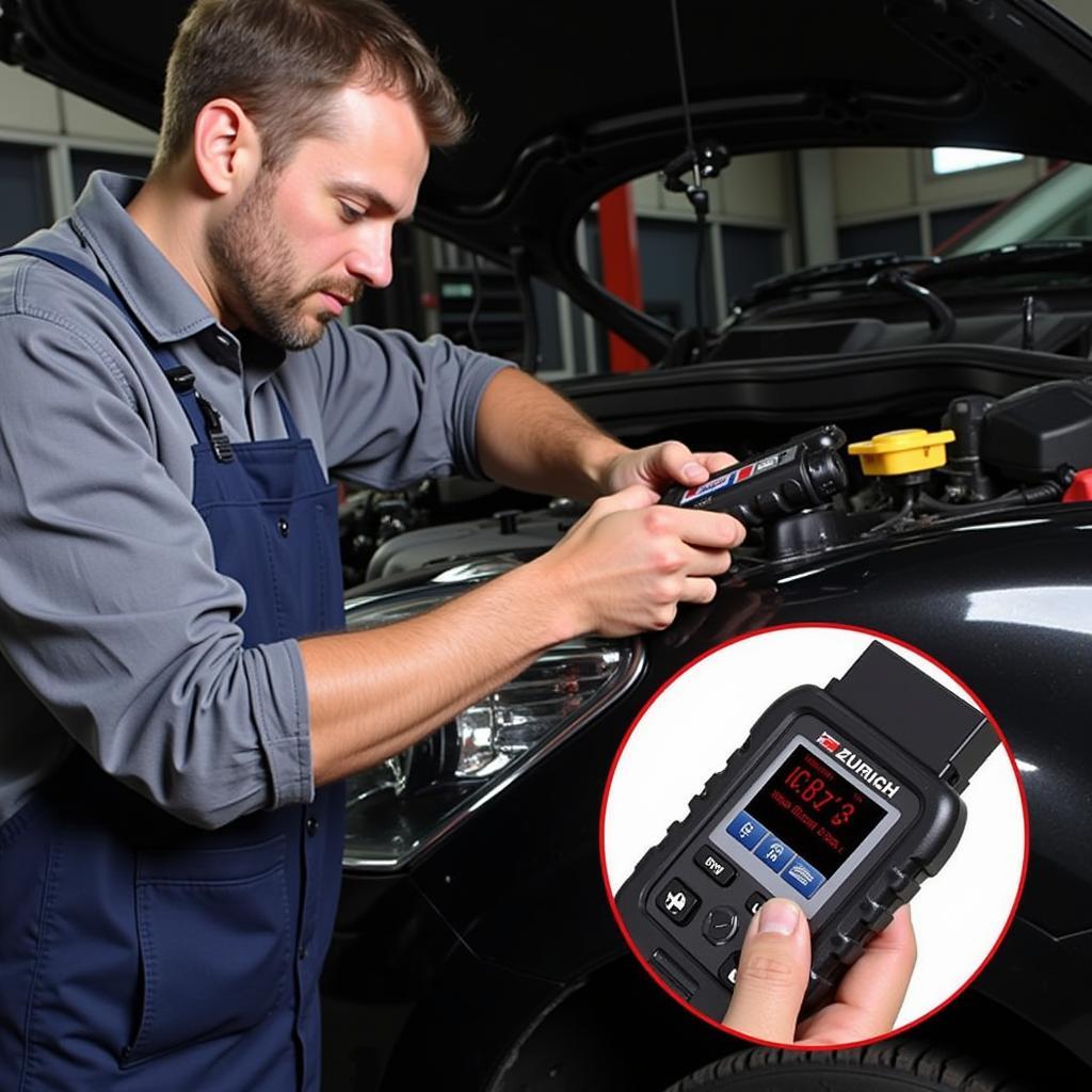 Mechanic using Zurich ZR8 for diagnostics