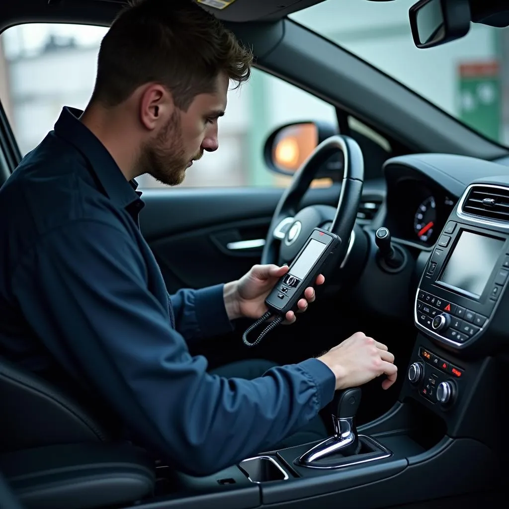 Mechanic using diagnostic equipment on a car