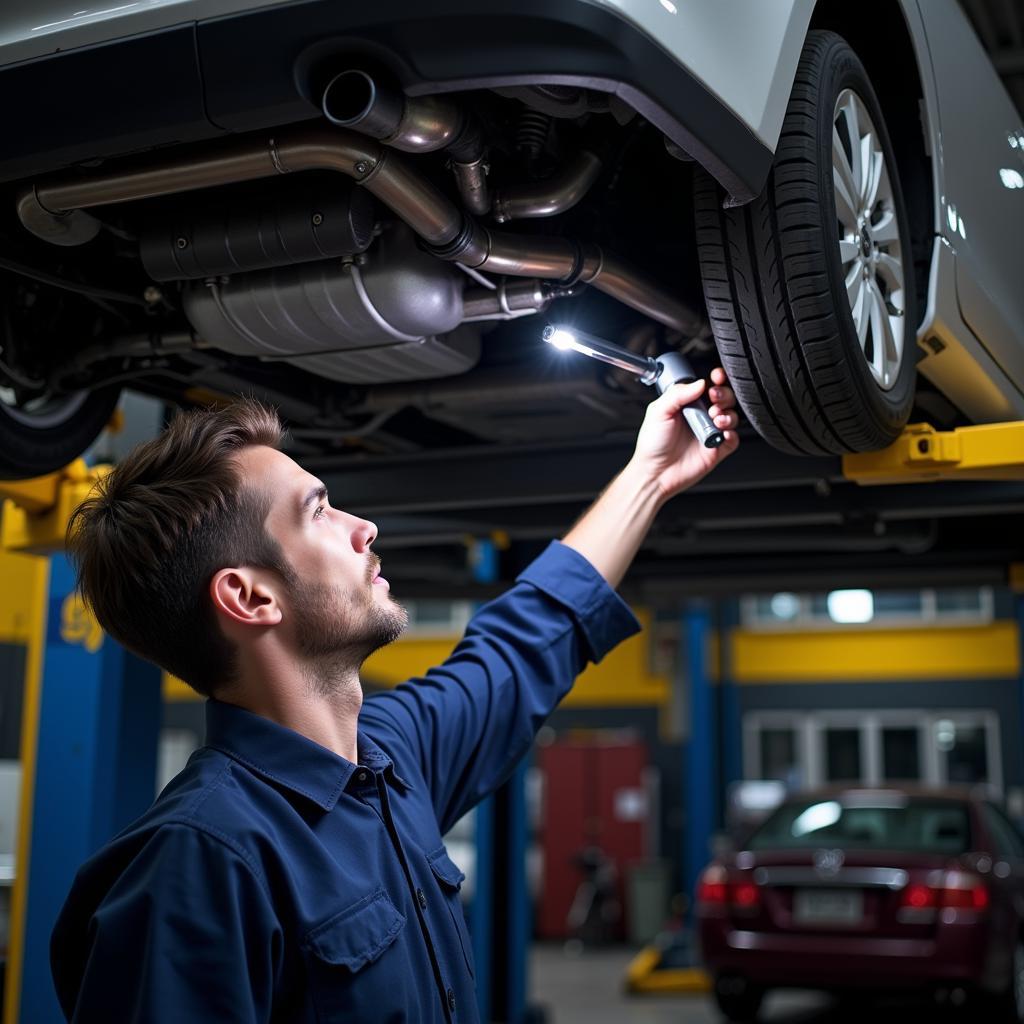 Mechanic Inspecting Car's Undercarriage on a Lift