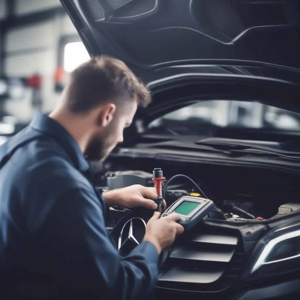 Mechanic Diagnosing a Mercedes Benz with an OBD2 Scanner