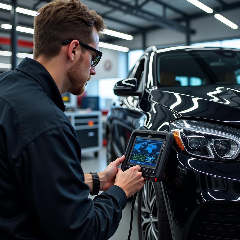 Mercedes Mechanic Using a Diagnostic Tool