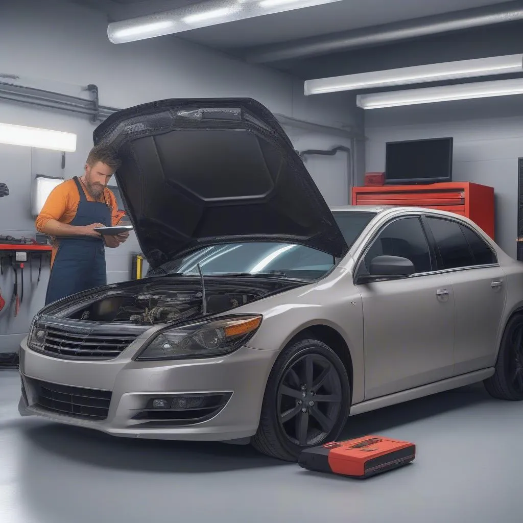 Mechanic using OBD2 scanner in a modern garage