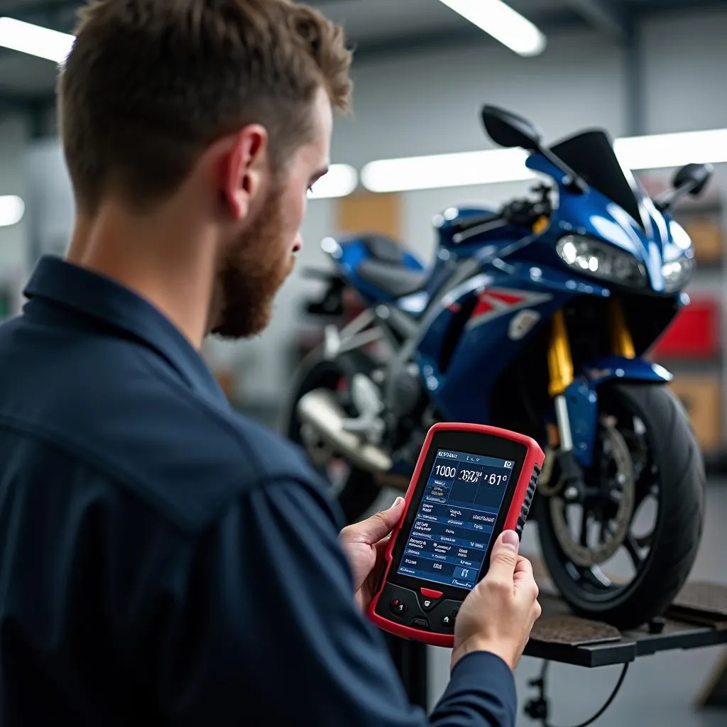 Motorcycle mechanic using a bidirectional scan tool in a workshop