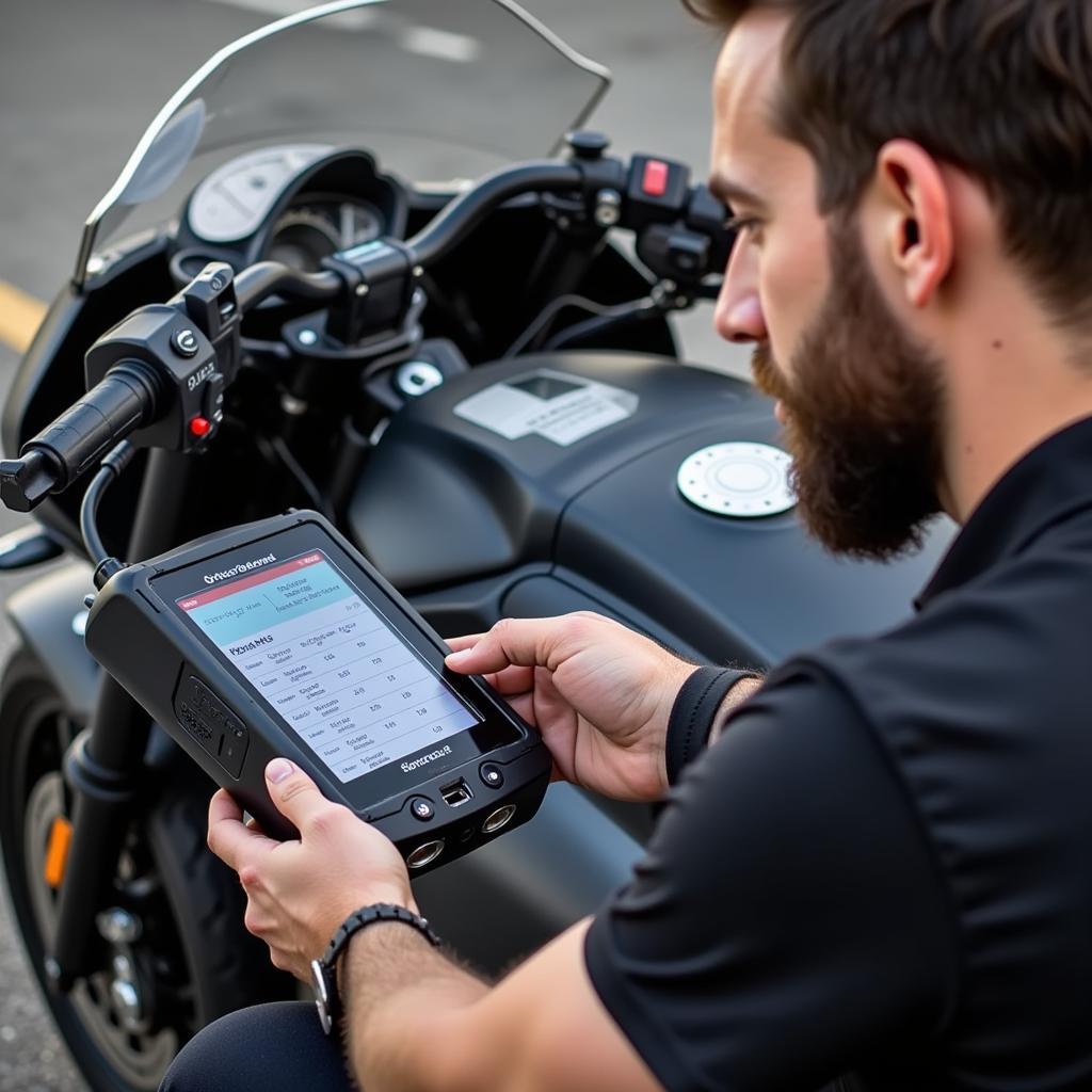 Motorcycle Owner Using an OBD2 Scanner