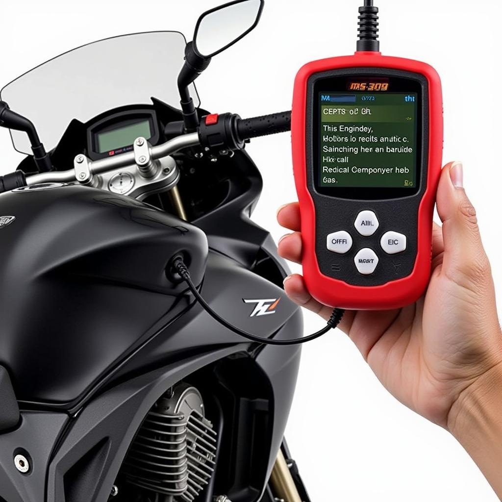 MS309 OBD2 scanner plugged into a motorcycle's OBD2 port