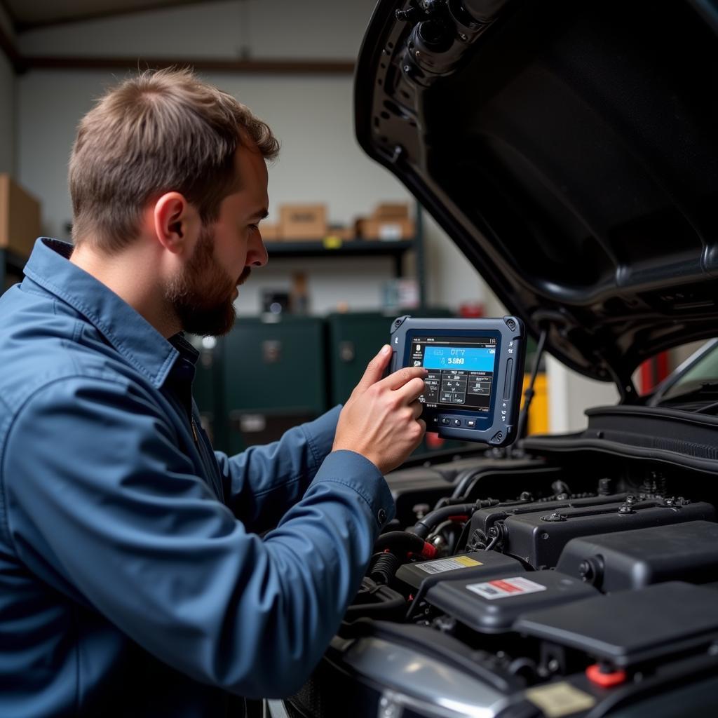 Mechanic using mucar vo6 obd2 scanner on a car