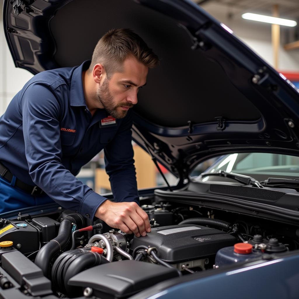 Mechanic Inspecting Mustang Engine for Tuning Compatibility