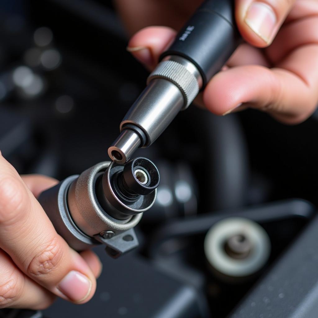 Mechanic Inspecting Fuel Injector on Nissan Engine