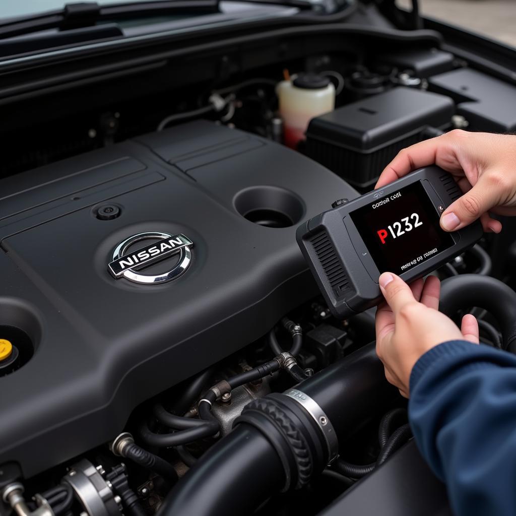 Nissan Engine with OBD2 Scanner Showing Code P1273