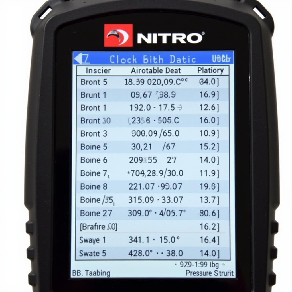 Close-up of a Nitro OBD2 scanner display showing various engine data points