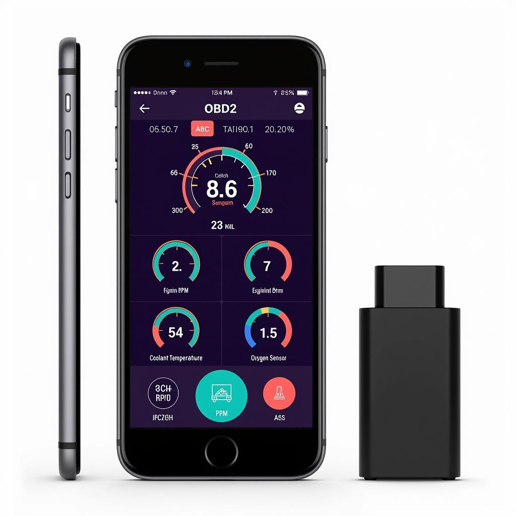 Smartphone screen displaying various car diagnostics using an OBD2 app