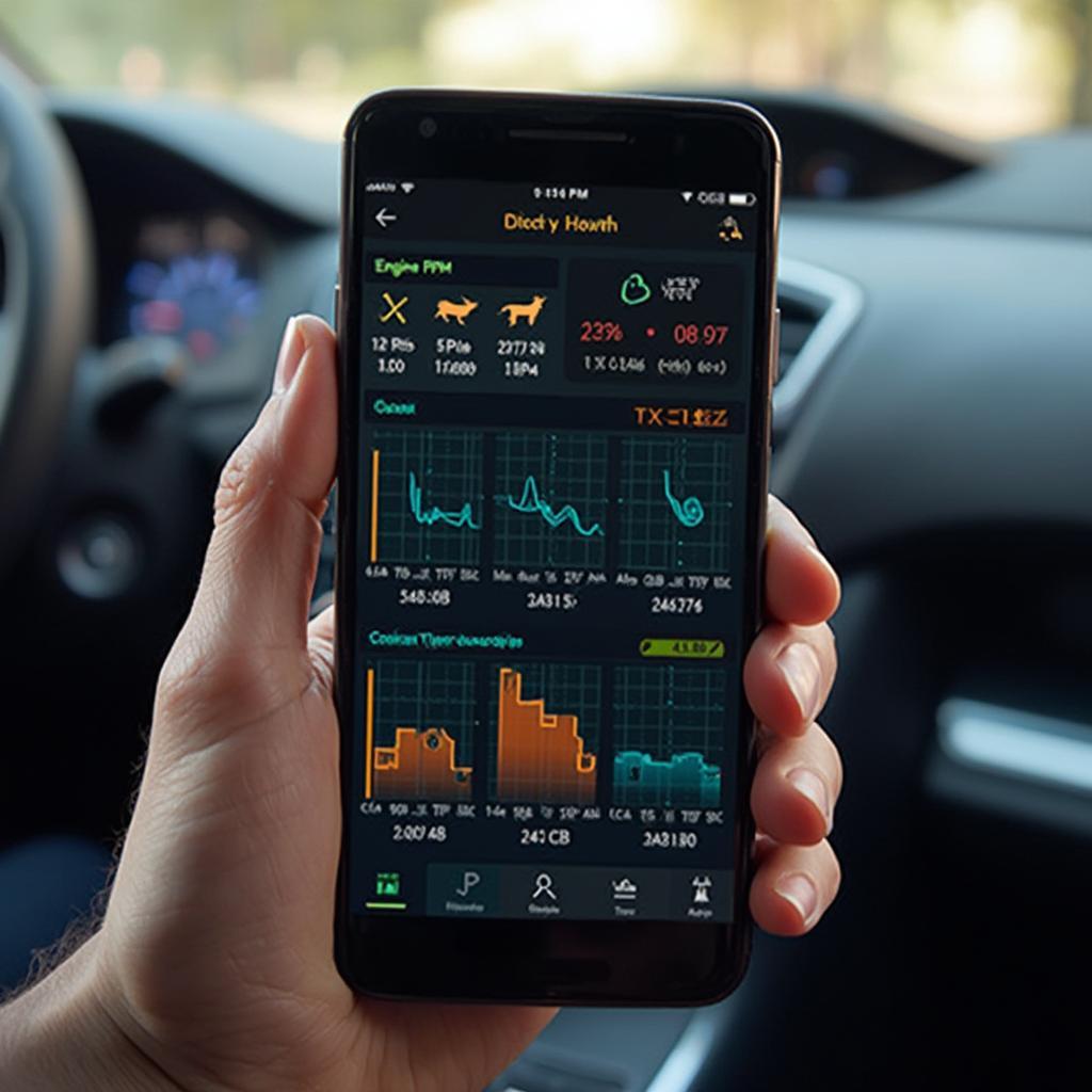 Smartphone displaying car diagnostics using an OBD2 app.