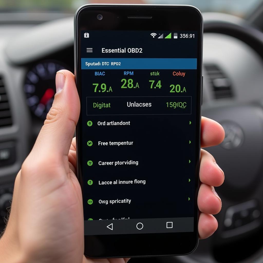 Screenshot of an OBD2 app on an Android phone showing various engine parameters and diagnostic codes