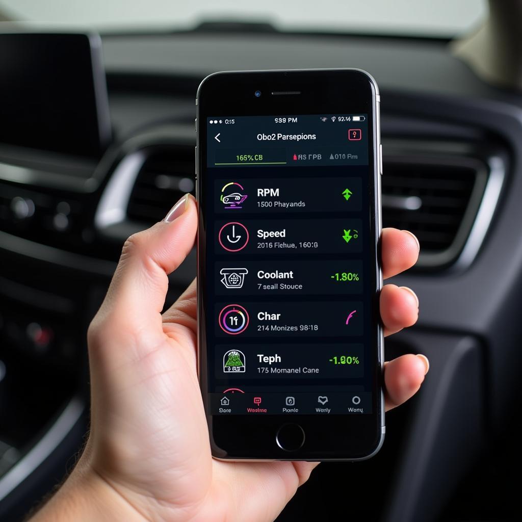 Smartphone displaying engine data through an OBD2 app