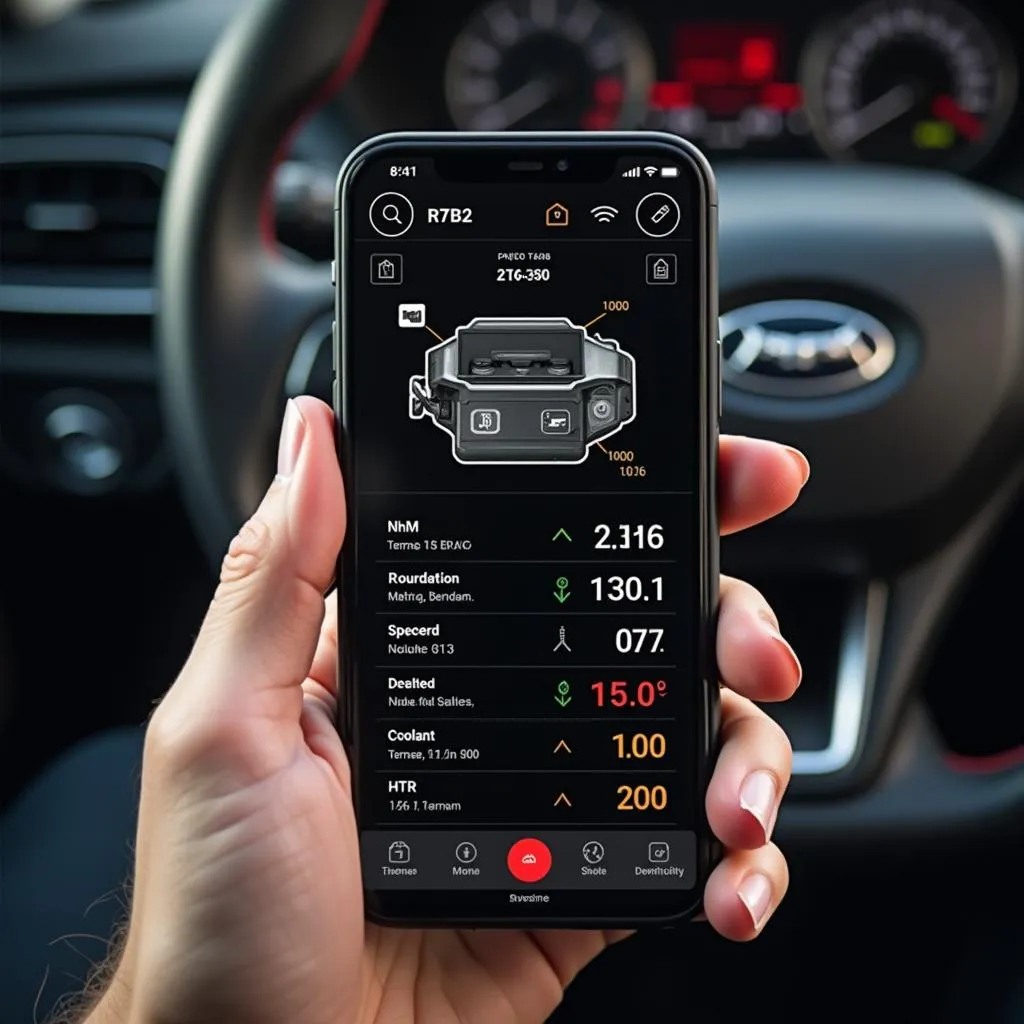 Smartphone displaying OBD2 diagnostic app showing real-time engine data