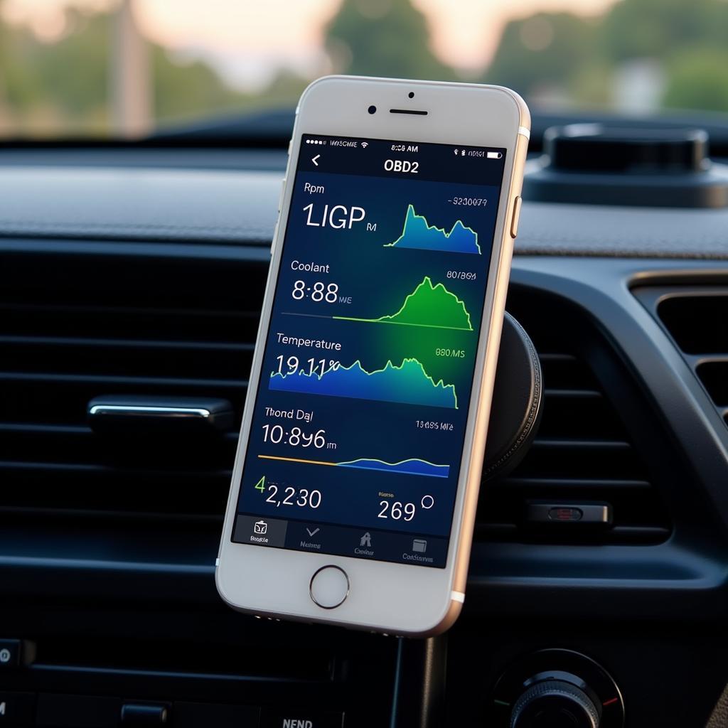 Smartphone displaying an OBD2 app dashboard