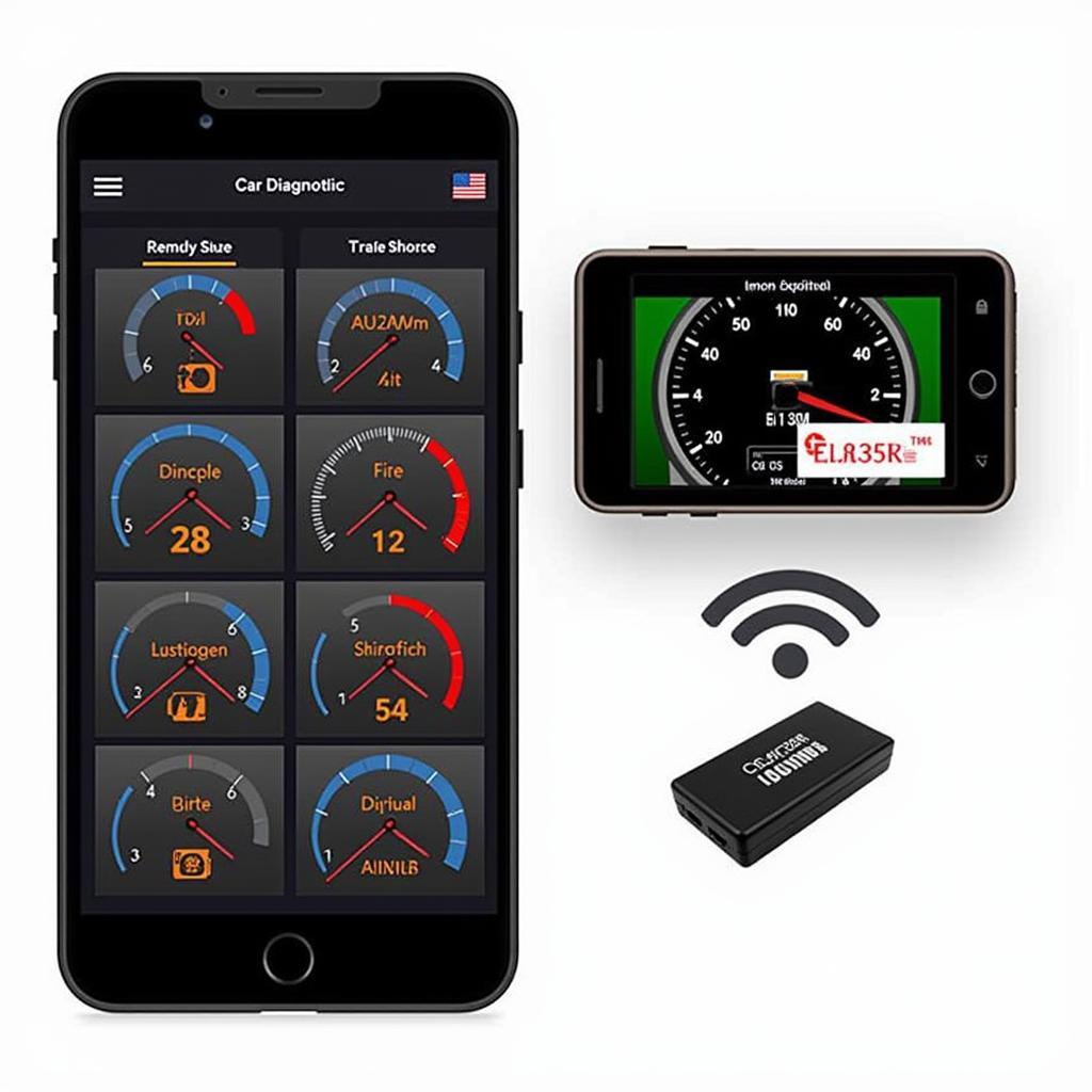 Smartphone displaying a car diagnostic app interface connected to an ELM327 scanner