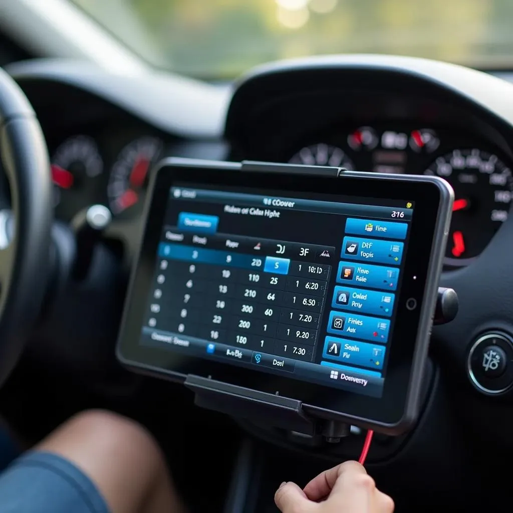 Real-time data monitoring on an OBD2 app with a Windows tablet connected to a car