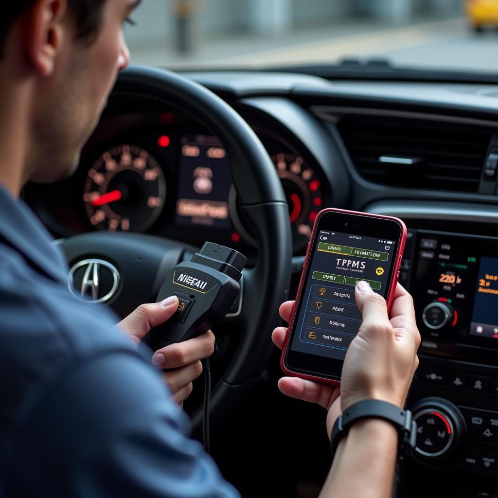 Mechanic using an OBD2 app TPMS learn tool to reset a car's TPMS