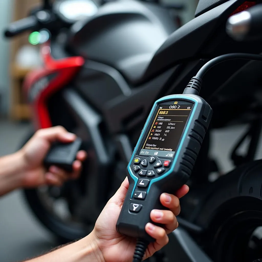 OBD2 bidirectional scan tool connected to a motorcycle