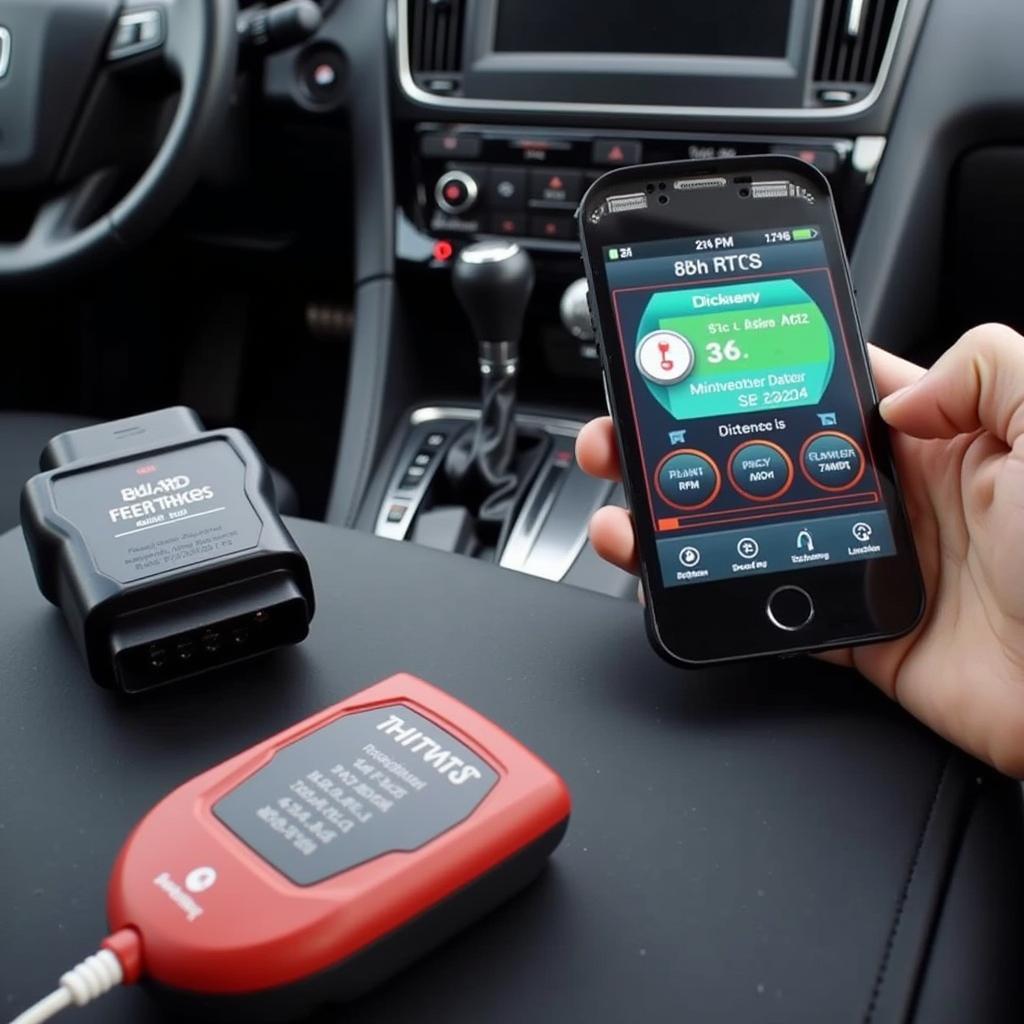 Smartphone displaying real-time engine data from OBD2 Bluetooth scanner