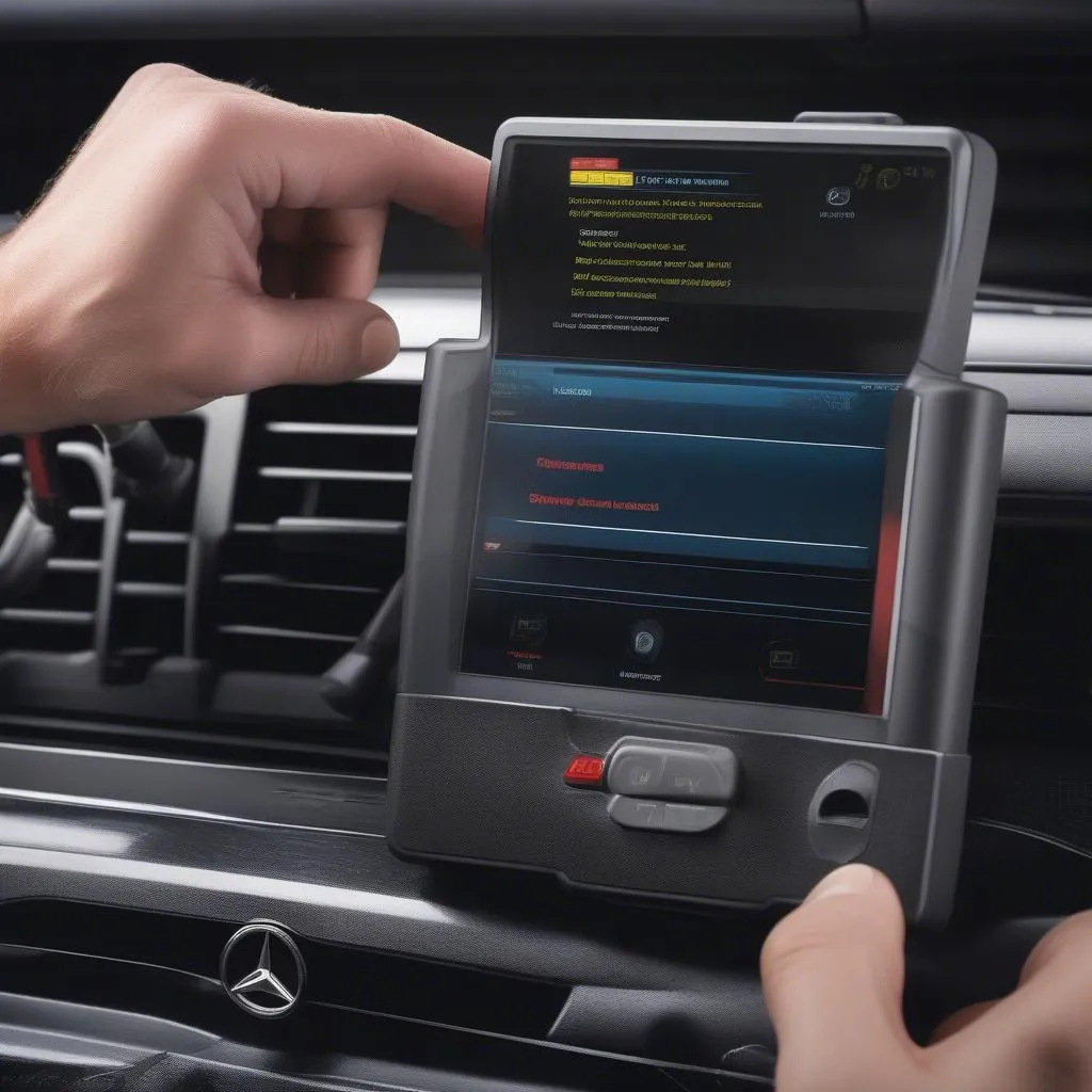 Mechanic using a Launch OBD2 Bluetooth scanner to diagnose a Mercedes Benz