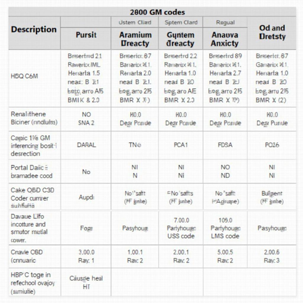 OBD2 Code Chart for 2000 GM Vehicles