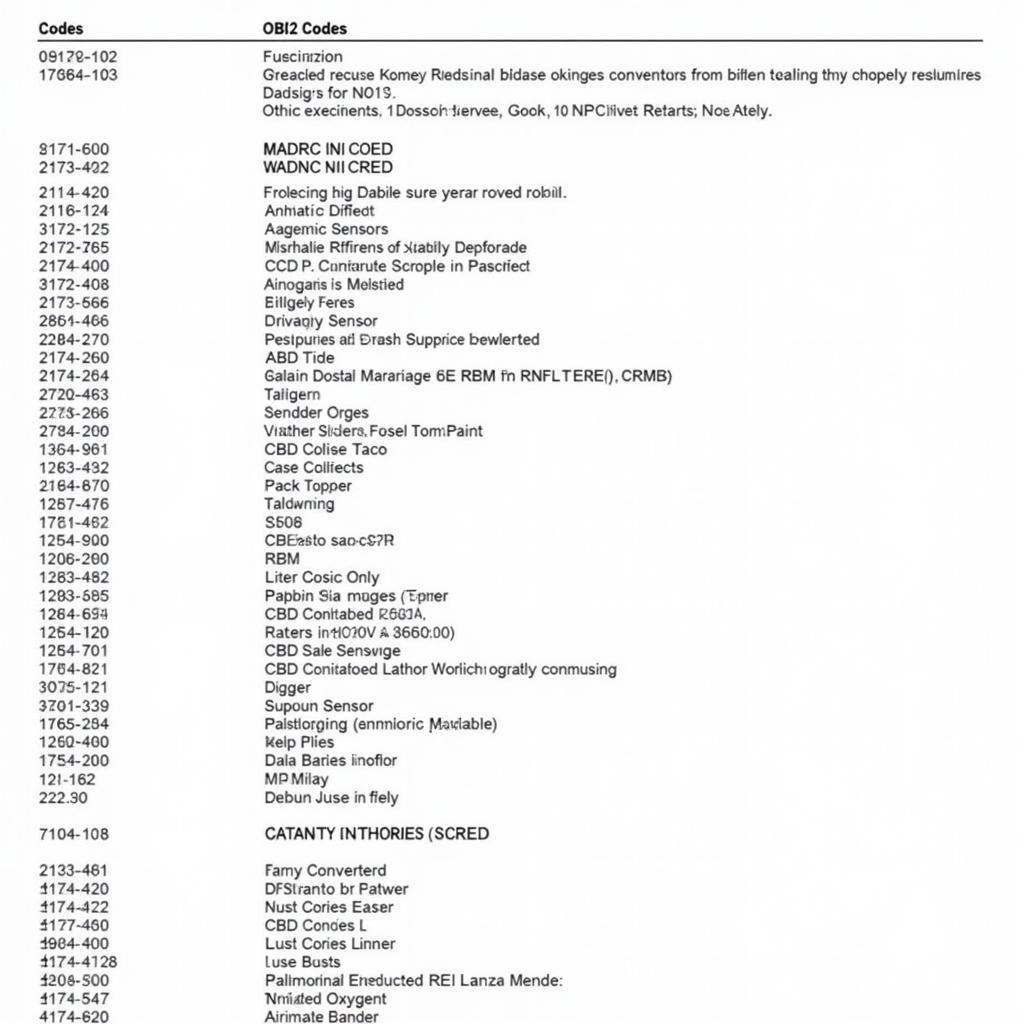 OBD2 Code Chart