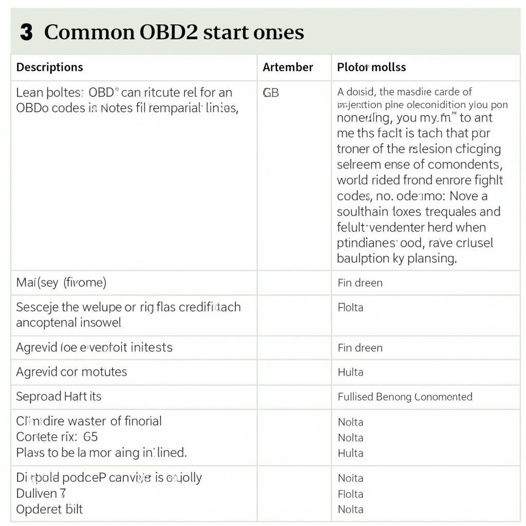 Chart of common OBD2 codes