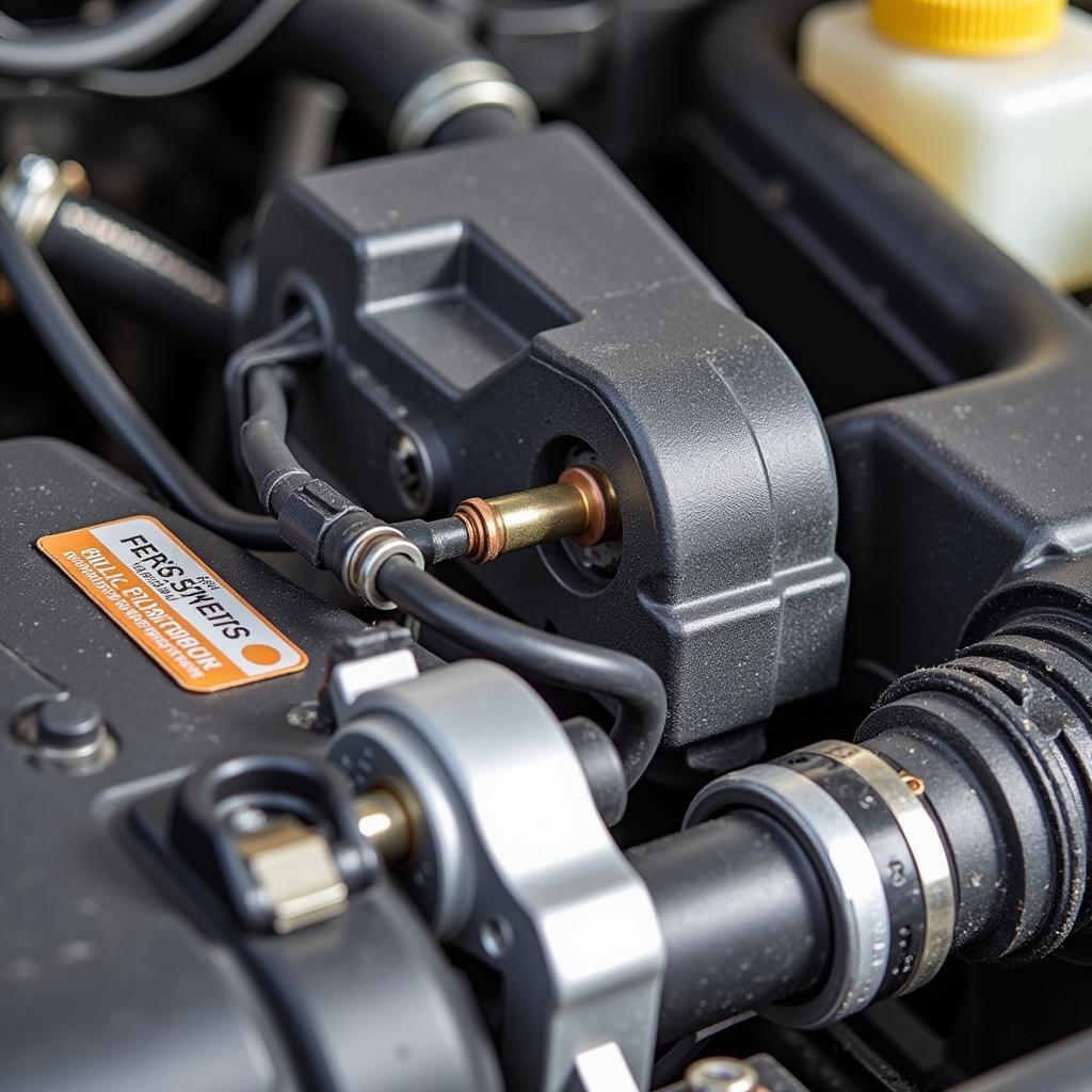 A close-up of a car's camshaft position sensor, with the engine in the background.