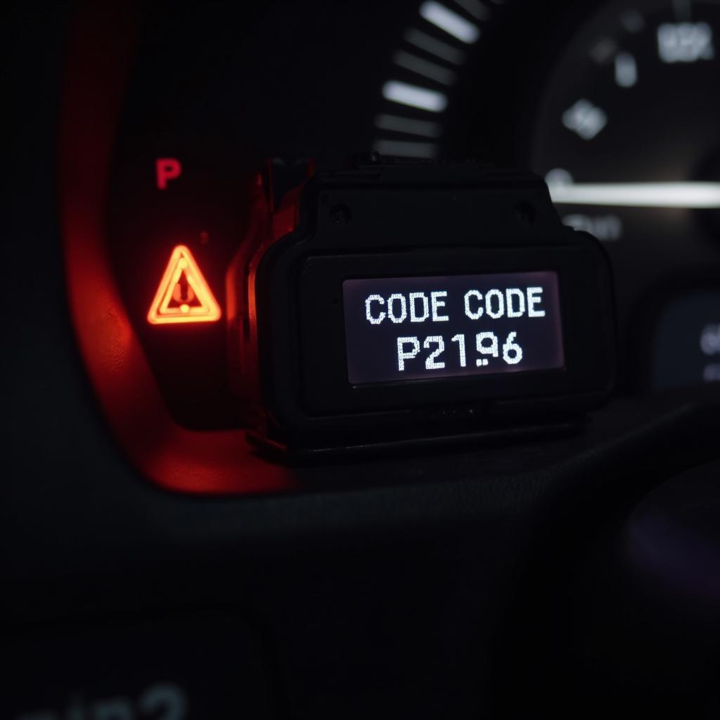 Car dashboard displaying check engine light with OBD2 code P2196