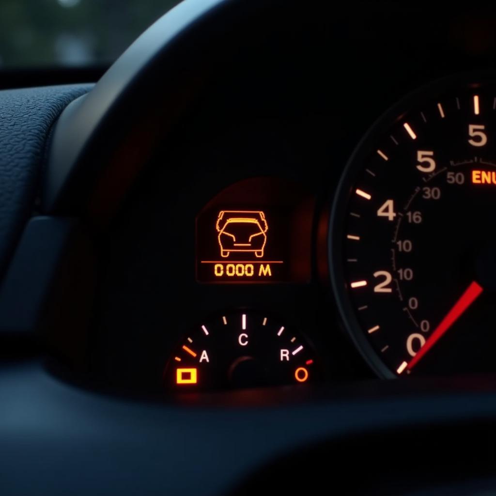 Car dashboard with check engine light illuminated