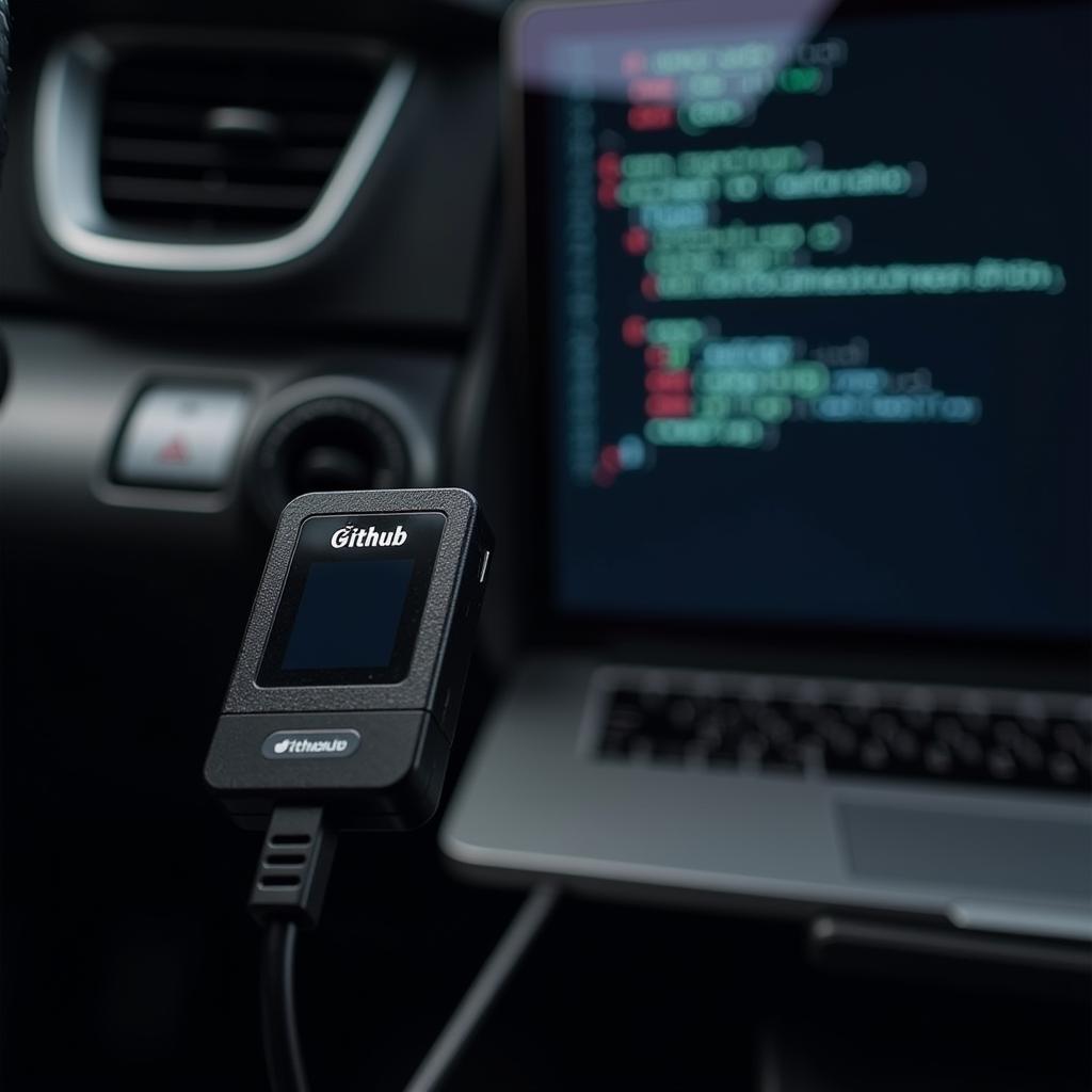 OBD2 connector plugged into a car's diagnostic port with the Github logo in the background