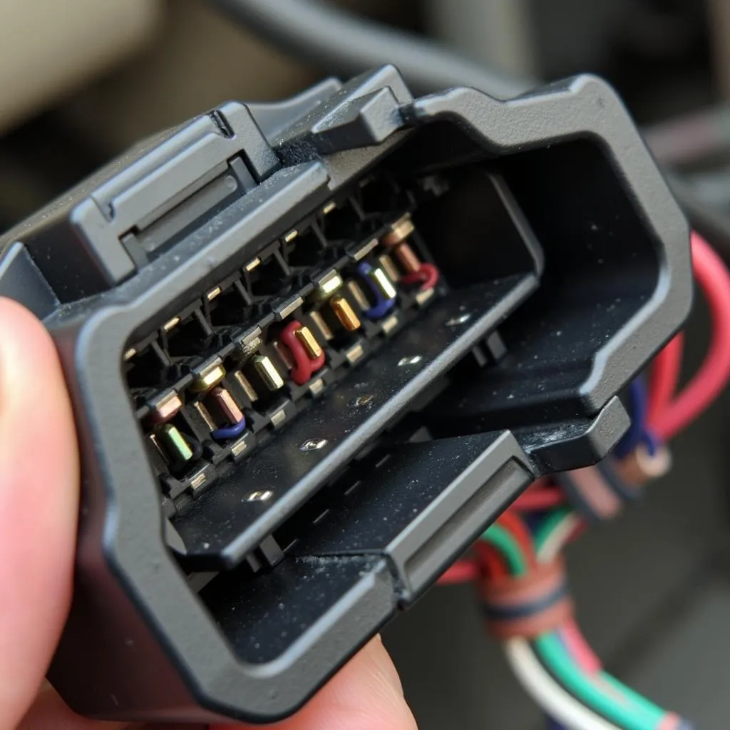 Close-up of OBD2 connector and wiring