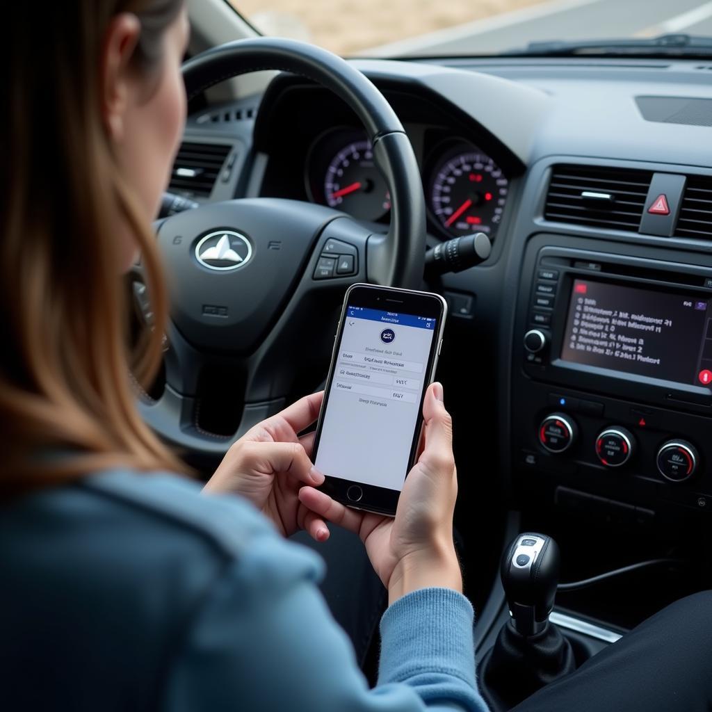 A person using an OBD2 app in a car