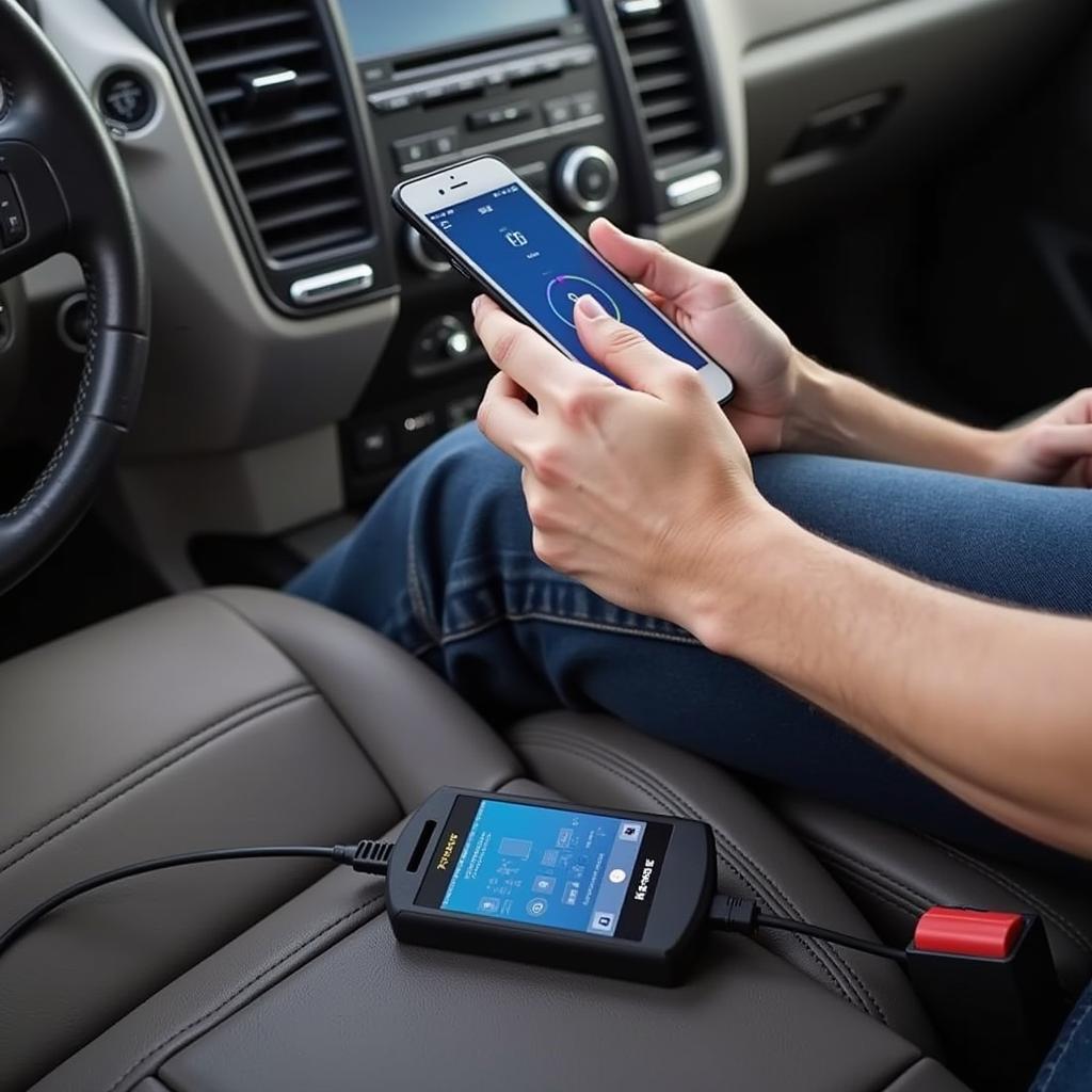  A person using an OBD2 ELM327 app to diagnose car problems in their garage. 