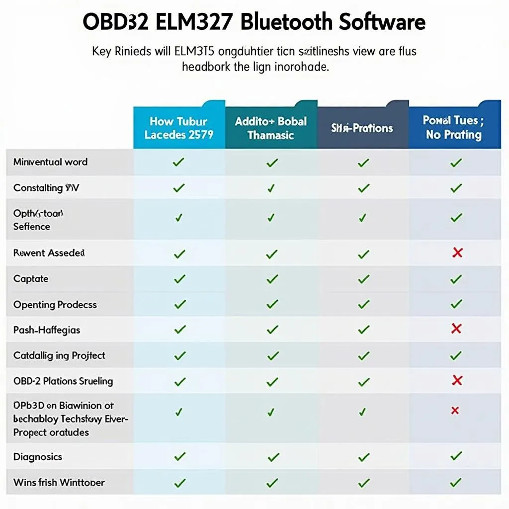 Comparison chart of different OBD2 ELM327 Bluetooth software with features and pricing