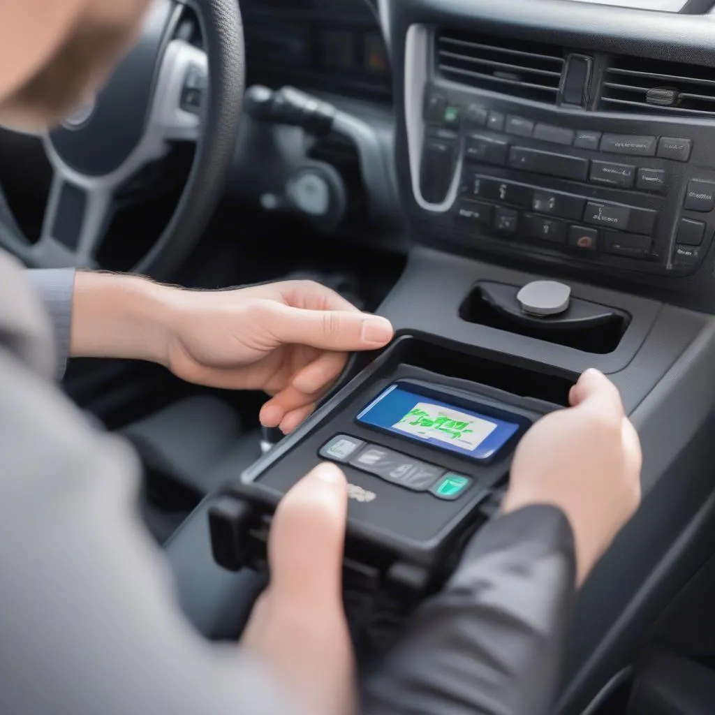 OBD2 GPS tracker plugged into a car's port