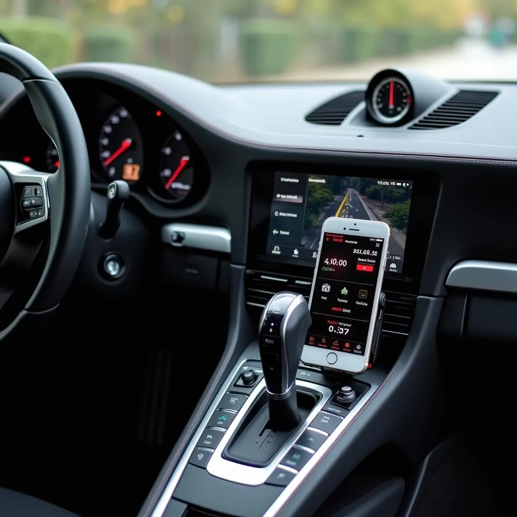 Porsche dashboard displaying diagnostics from an OBD2 iPhone app