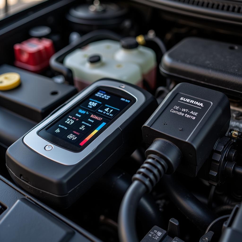 OBD2 monitor plugged into a car's OBD2 port with car battery in the background