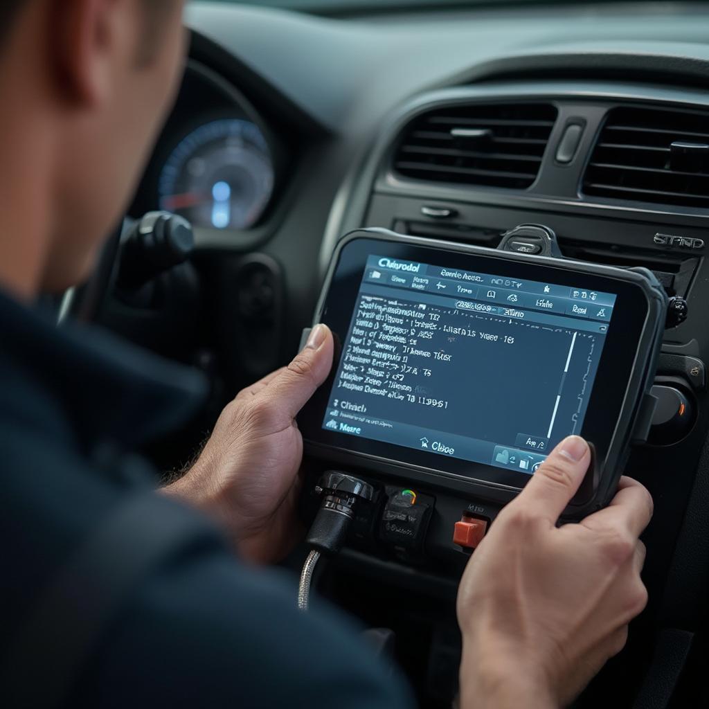 Mechanic Diagnosing Car with OBD2 Scanner