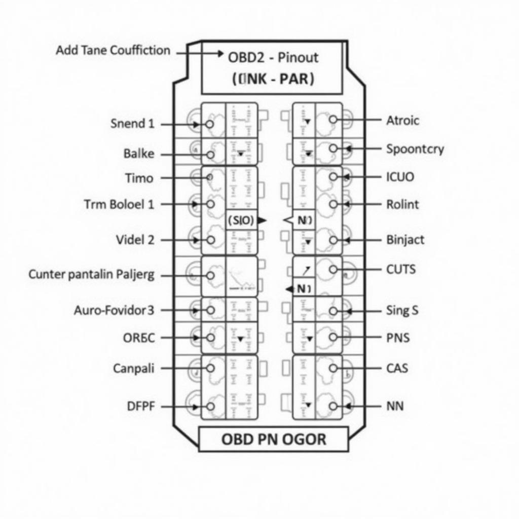 Diagram of OBD2 pinout with functions labeled