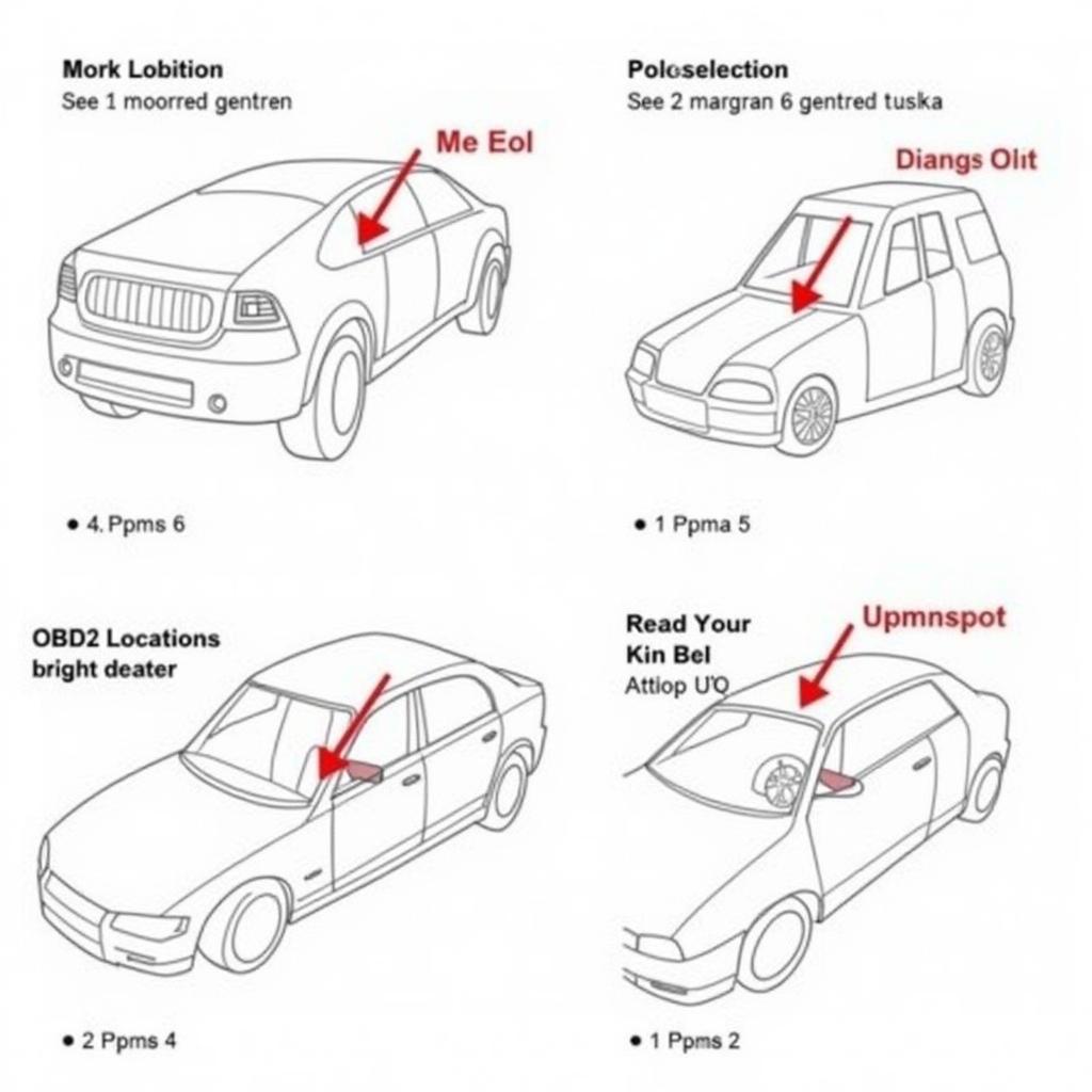 Typical locations of an OBD2 port in a car, including under the dashboard, near the fuse box, and on the engine firewall.