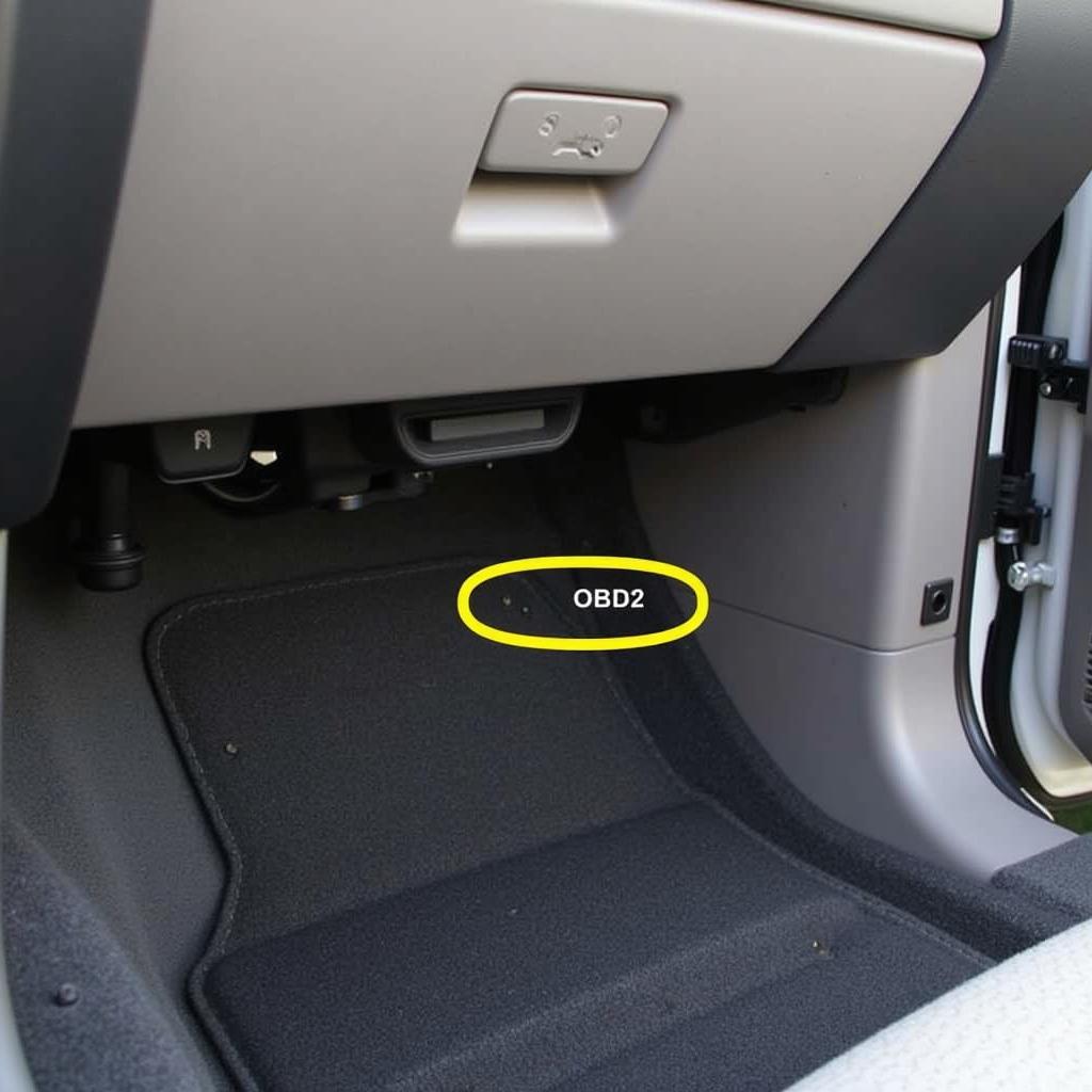 OBD2 port location under the dashboard of a Ford F250